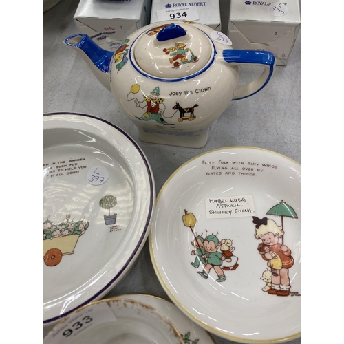 933 - TWO SHELLEY MABEL LUCIE ATTWELL CHILDREN'S BOWLS, A CORONA WARE CHILD'S TEAPOT AND PLATES, ETC