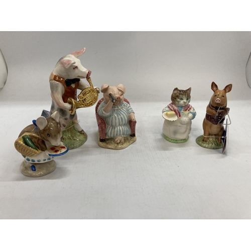 936 - FIVE BESWICK FIGURES TO INCLUDE PIG BAND MEMBERS JAMES AND RICHARD PLUS BEATRIX POTTER APPLEY DAPPLY... 