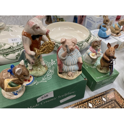 936 - FIVE BESWICK FIGURES TO INCLUDE PIG BAND MEMBERS JAMES AND RICHARD PLUS BEATRIX POTTER APPLEY DAPPLY... 