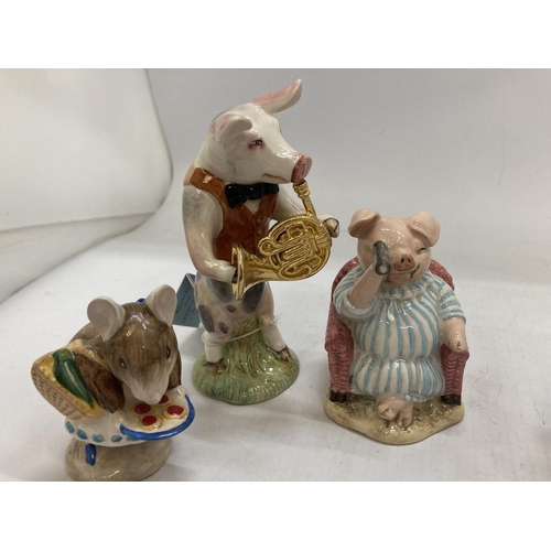 936 - FIVE BESWICK FIGURES TO INCLUDE PIG BAND MEMBERS JAMES AND RICHARD PLUS BEATRIX POTTER APPLEY DAPPLY... 