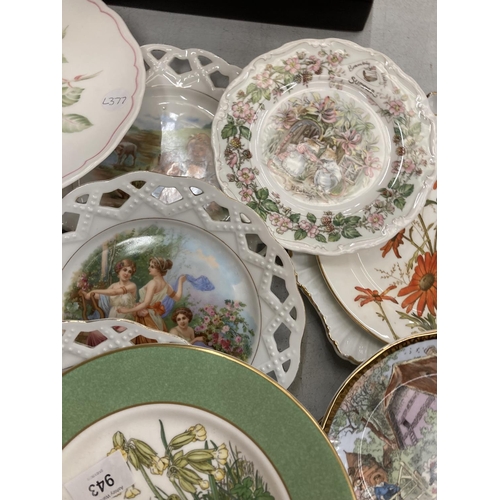 943 - A LARGE QUANTITY PF PLATES TO INCLUDE BRAMBLY HEDGE, RIBBON STYLE, ROYAL ALBERT, ETC