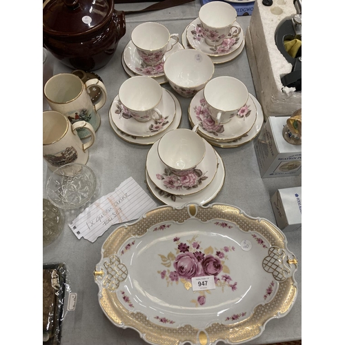 947 - A QUEEN ANNE VINTAGE TEASET TO INCLUDE CUPS, SAUCERS, SIDE PLATES AND SUGAR BOWL PLUS A FLORA DECORA... 