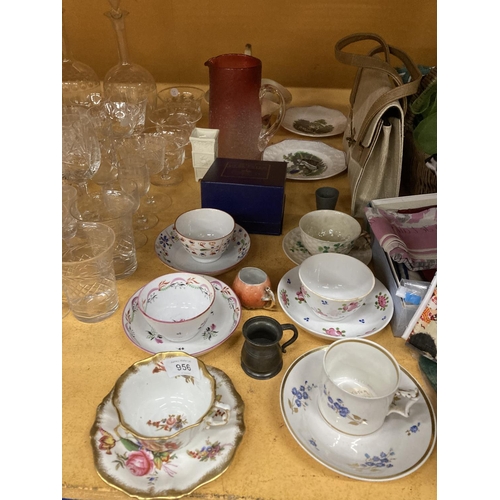 956 - A QUANTITY OF ITEMS TO INCLUDE A BALLEEK CUP AND SAUCER WITH SHAMROCK DESIGN, TEA BOWLS AND SAUCERS,... 