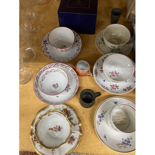 956 - A QUANTITY OF ITEMS TO INCLUDE A BALLEEK CUP AND SAUCER WITH SHAMROCK DESIGN, TEA BOWLS AND SAUCERS,... 