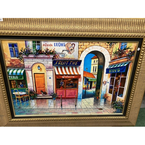 964 - A LARGE COLOURFUL OIL ON CANVAS TITLED 'THE FRUIT MARKET' BY DANIEL GERR IN A LARGE GILT FRAME.  WOU... 