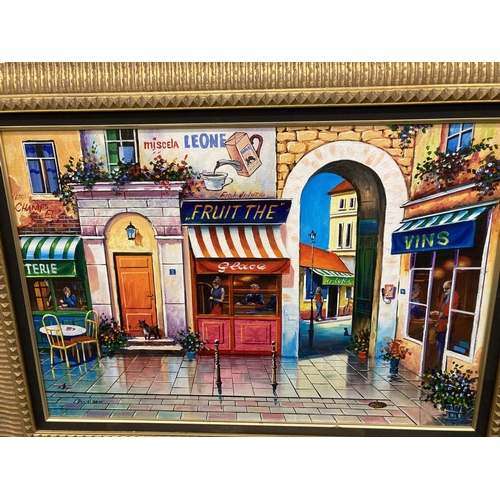 964 - A LARGE COLOURFUL OIL ON CANVAS TITLED 'THE FRUIT MARKET' BY DANIEL GERR IN A LARGE GILT FRAME.  WOU... 