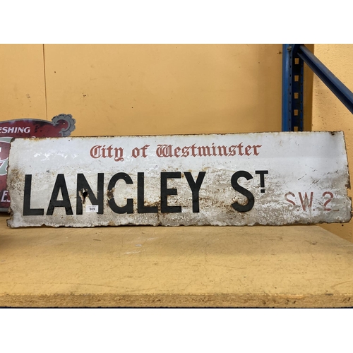 969 - A VINTAGE CITY OF WESTMINSTER 'LANGLEY ST' SW2 SIGN 106.5CM X 29.5CM