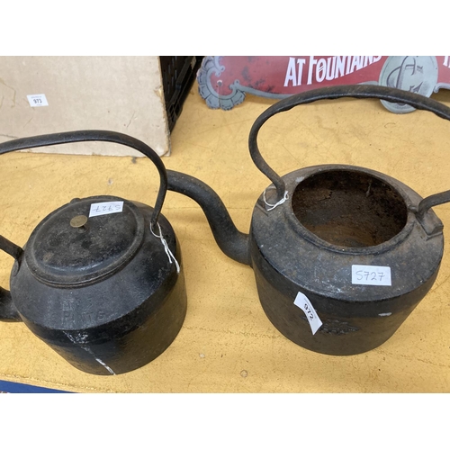 972 - TWO VINTAGE CAST IRON KETTLES - ONE WITH MISSING LID