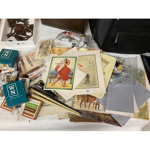 983 - A MIXED ARTY LOT TO INCLUDE VINTAGE WINDSOR AND NEWTON OIL PAINTS AND PAINT BRUSHES, AMATEUR OIL PAI... 