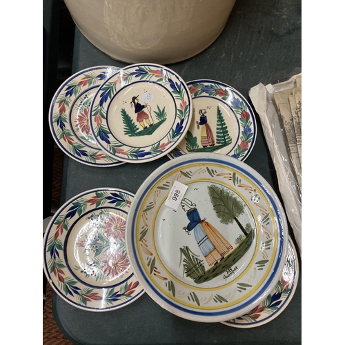 998 - FIVE HANDPAINTED QUIMPER PLATES PLUS A BOWL