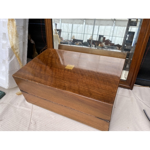 1745 - AN ASSORTMENT OF ITEMS TO INCLUDE A MAHOGANY WRITING SLOPE, A WOODEN TRAY AND A WOODEN JEWELLERY BOX... 