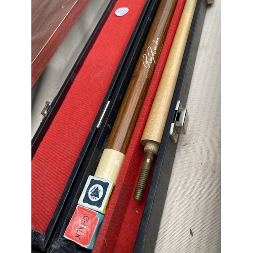 1750 - FOUR CASED SNOOKER CUES TO INCLUDE A RILEY AND A RAY REARDON ETC