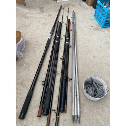 THREE BEACH FISHING RODS TO INCLUDE ZZIPLEX SILSTAR, PEGLEY DAVIES, A BEACH  ROD REST AND LEAD WEIGHT