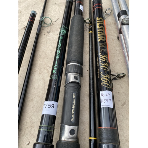 THREE BEACH FISHING RODS TO INCLUDE ZZIPLEX SILSTAR, PEGLEY DAVIES, A BEACH  ROD REST AND LEAD WEIGHT