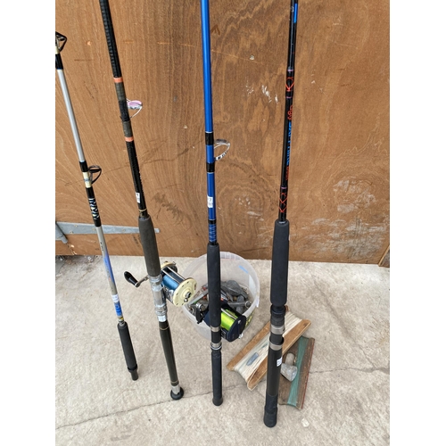 1761 - A 30LB 6FT BOAT FISHING ROD WITH MULTIPLIER REEL AND A 20LD 7FT ROD WITH MULTIPLIER AND A BUCKET OF ... 