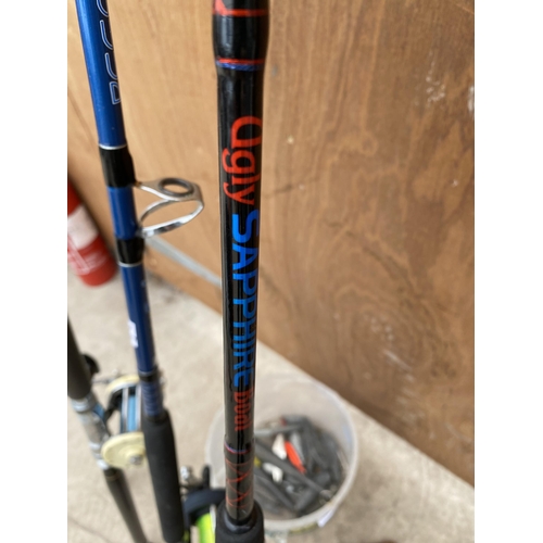 1761 - A 30LB 6FT BOAT FISHING ROD WITH MULTIPLIER REEL AND A 20LD 7FT ROD WITH MULTIPLIER AND A BUCKET OF ... 