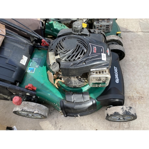 1835 - A QUALCAST PETROL ENGINE LAWN MOWER WITH BRIGGS AND STRATTON ENGINE AND A GRASS BOX