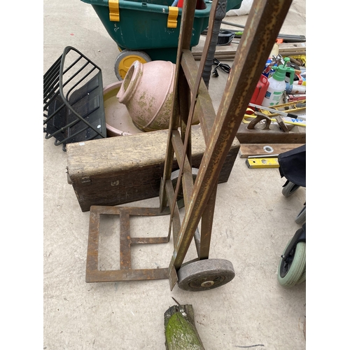 1861 - A VINTAGE METAL SACK TRUCK AND A VINTAGE WOODEN JOINERS CHEST