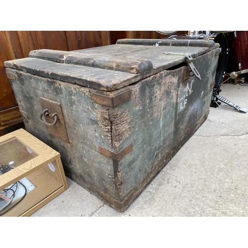 1886 - A LARGE VINTAGE WOODEN CHEST WITH METAL BANDING BELIVED TO BE FROM LYME PARK