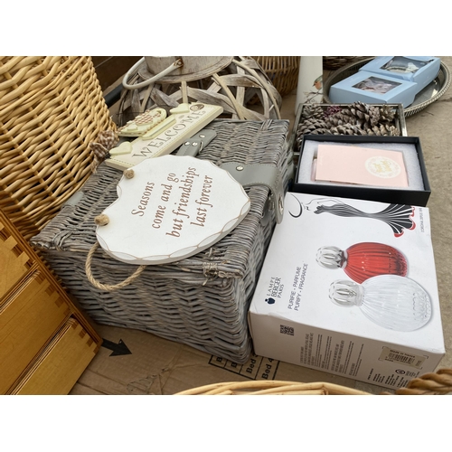 1919 - AN ASSORTMENT OF ITEMS TO INCLUDE WICKER BASKETS, WALKING STICKS AND A LETTER BOX ETC