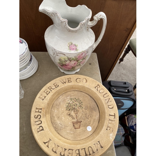 1948 - A LARGE CERAMIC WASH JUG, A STONEWARE BOWL AND A KNIFE BLOCK ETC