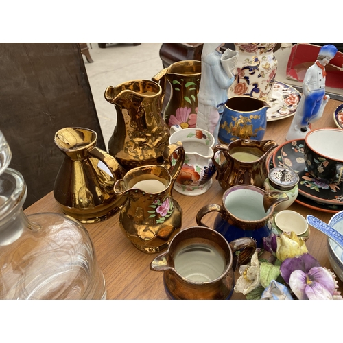 1952 - AN ASSORTMENT OF ITEMS TO INCLUDE LUSTRE JUGS, AN EPNS TRAY AND A GLASS DECANTOR ETC