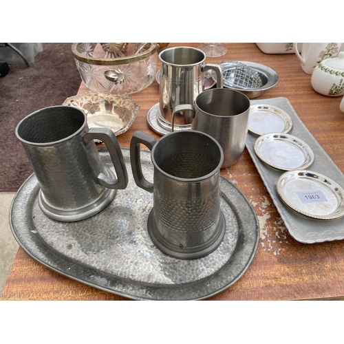 1963 - AN ASSORTMENT OF METAL WARE ITEMS TO INCLUDE PEWTER TANKARDS AND A SILVER PLATE TEA SERVICE ETC