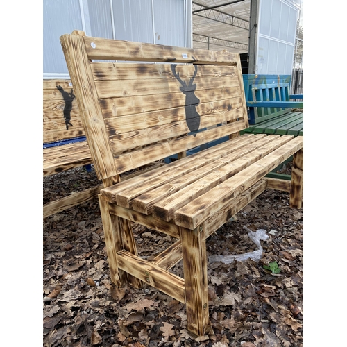 2009 - A WOODEN SLATTED GARDEN BENCH WITH PAINTED STAG BACKGROUND