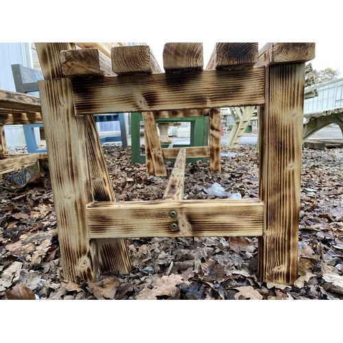 2009 - A WOODEN SLATTED GARDEN BENCH WITH PAINTED STAG BACKGROUND