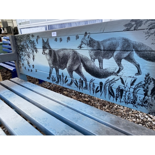 2012 - A WOODEN SLATTED GARDEN BENCH WITH FOX DETAIL