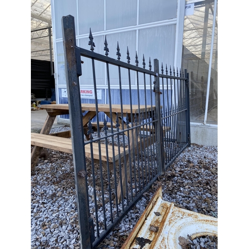 2030 - A PAIR OF WROUGHT IRON GARDEN GATES (L:237CM) AND COMPLETE WITH HINGED POSTS