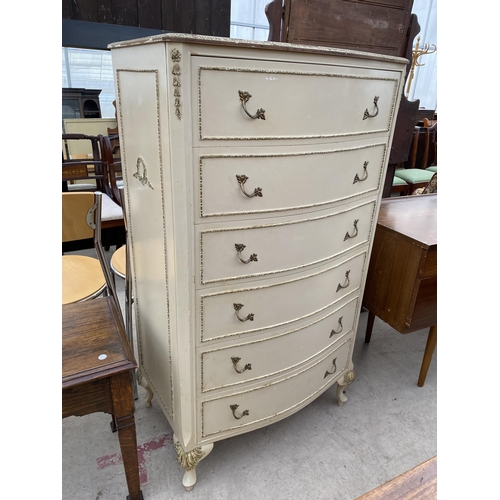 2785 - A CREAM AND GILT BOW FRONTED CHEST OF SIX DRAWERS ON CABRIOLE LEGS, 28