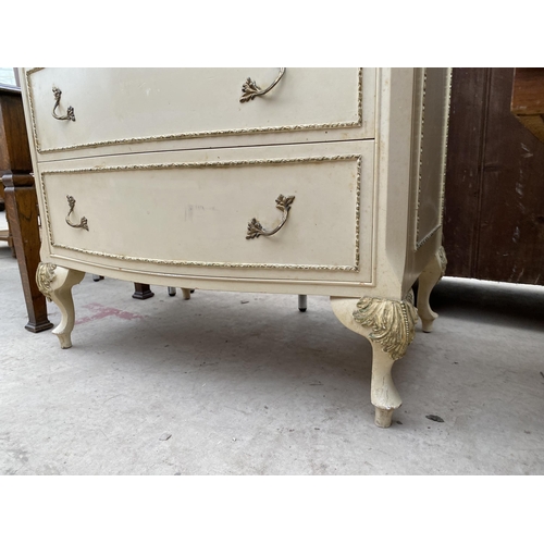 2785 - A CREAM AND GILT BOW FRONTED CHEST OF SIX DRAWERS ON CABRIOLE LEGS, 28