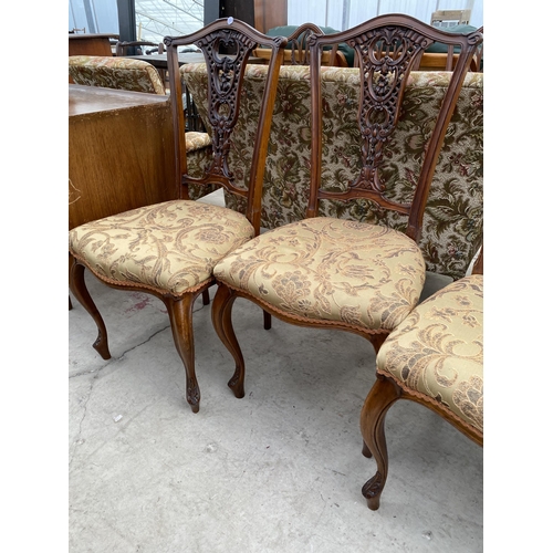 2787 - THREE VICTORIAN MAHOGANY PARLOUR CHAIRS WITH FRETWORK AND FOLIATE BACKS, ON FRONT CABRIOLE LEGS AND ... 