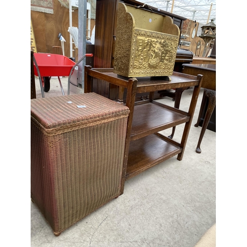 2808 - A LLOYD LOOM LINEN BOX, EMBOSSED BRASS MAGAZINE RACK AND THREE TIER TROLLEY