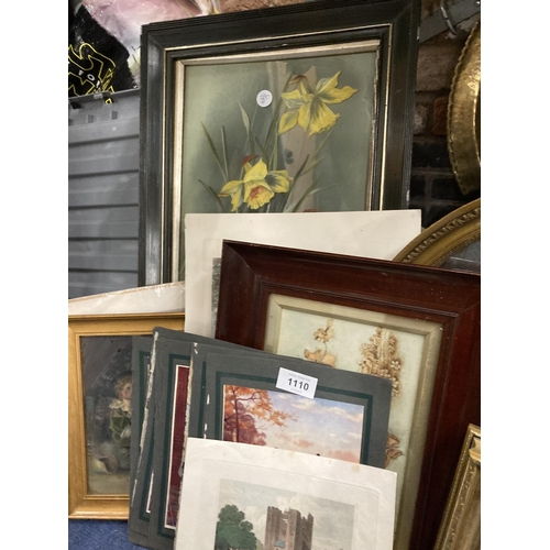 1110 - A QUANTITY OF FRAMED AND UNFRAMED PRINTS PLUS A GILT FRAMED OVAL WALL MIRROR