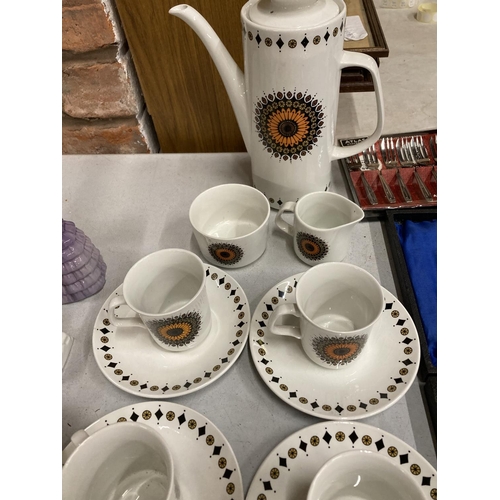 1111 - A VINTAGE MEAKIN COFFEE SET TO INCLUDE A COFFEE POT, CREAM JUG, SUGAR BOWL AND CUPS AND SAUCERS