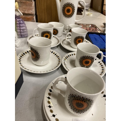 1111 - A VINTAGE MEAKIN COFFEE SET TO INCLUDE A COFFEE POT, CREAM JUG, SUGAR BOWL AND CUPS AND SAUCERS