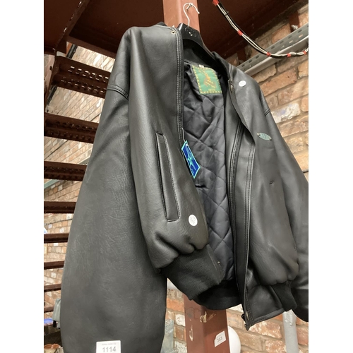 1114 - AN AS NEW ITALIAN BLACK LEATHER LOOK JACKET IN MEDIUM