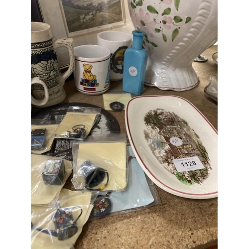 1128 - A MIXED LOT TO INCLUDE A CHEESE DOME, MINIATURE ITEMS, A LARGE JUG, COMMEMORATIVE MUG, STEIN, FRAMED... 