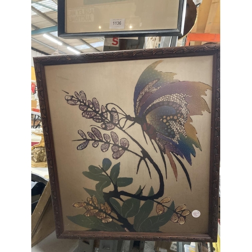 1136 - TWO FRAMED PRINTS, ONE OF A BUTTERFLY, THE OTHER A STREET SCENE