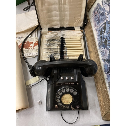 1139 - A VINTAGE TELEPHONE WITH EXTENSION BUTTONS PLUS A CASED VINTAGE KNIFE AND FORK SET