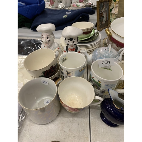 1147 - A QUANTITY OF CERAMIC ITEMS TO INCLUDE MUGS, PLATES, A SERVING BOWL, CHEF CRUET SET