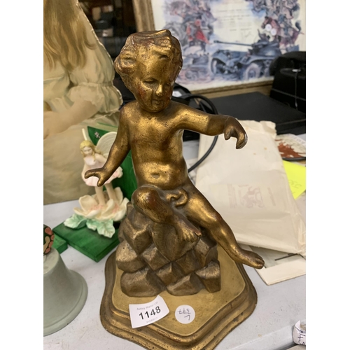 1148 - A MIXED LOT TO INCLUDE A GILT CHERUB ON BASE, AN ADVERTISING CUT OUT OF A YOUNG GIRL, FAIRY BOOK-END... 