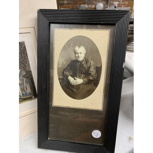 1168 - TWO VINTAGE PHOTOGRAPHS OF AN ELDERLY LADY PLUS A PRINT OF BUILDWAS ABBEY, SHROPSHIRE