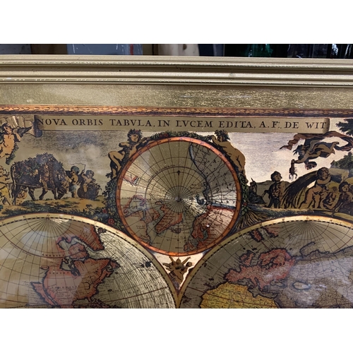 1184 - A FRAMED FOIL STYLE MAP WITH CHERUBIC SIDE PICTURES