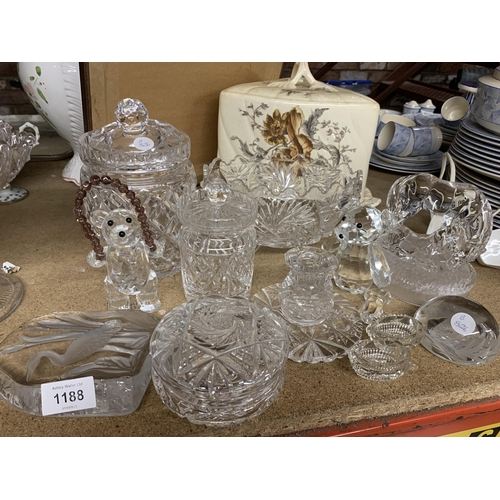 1188 - A LARGE QUANTITY OF GLASSWARE ITEMS TO INCLUDE ANIMAL FIGURES, VASES, DECANTERS, BOWLS, PAPERWEIGHTS... 