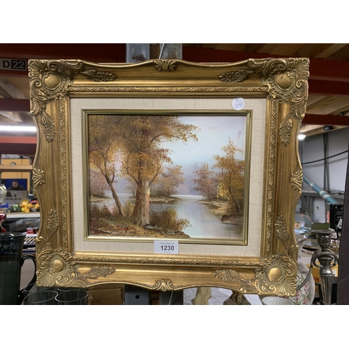 1230 - TWO OIL ON CANVAS PAINTINGS OF LAKE SCENES IN GILT FRAMES