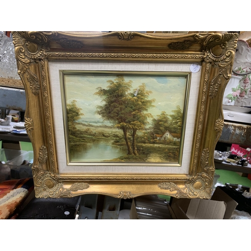 1230 - TWO OIL ON CANVAS PAINTINGS OF LAKE SCENES IN GILT FRAMES