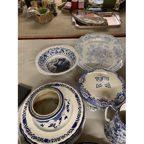 1233 - A LARGE QUANTITY OF BLUE AND WHITE POTTERY TO INCLUDE A LARGE PLATTER, PLATES, A BURLEIGHWARE JUG, D... 